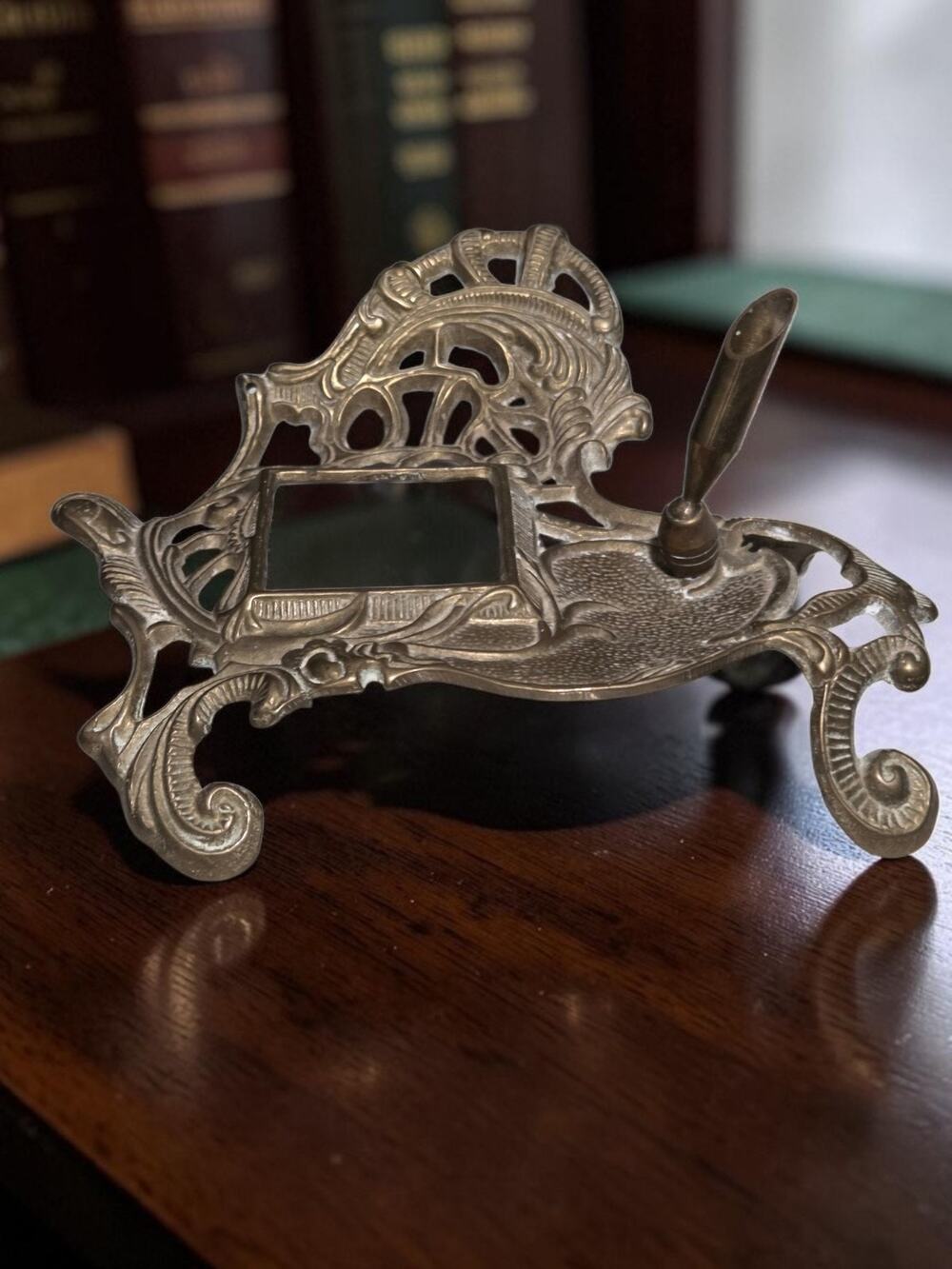 Vintage Brass Ink Well Pen Stand Teleflora Victorian Style Ornate Patina 80s